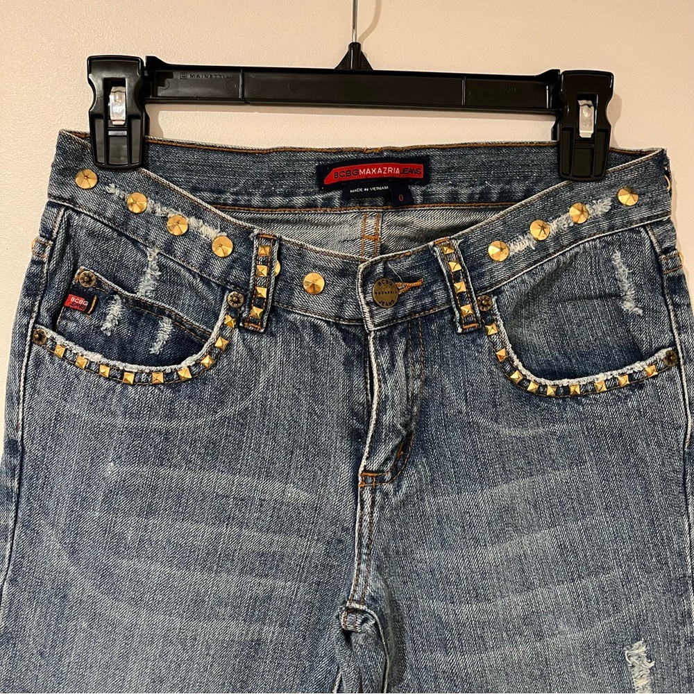 BCBG MaxAzria Distressed Studded Low Rise Flare Jeans Y2K